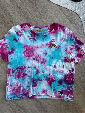 Aviator Nation Kids Tie-Dye Tee in Magenta & Aqua with Rainbow Patch